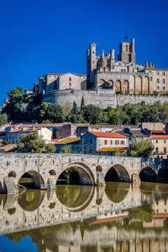 The Old Bridge (Pont Vieux) and the St. Nazaire Cathedral at Beziers, Herault Department, France in autumn