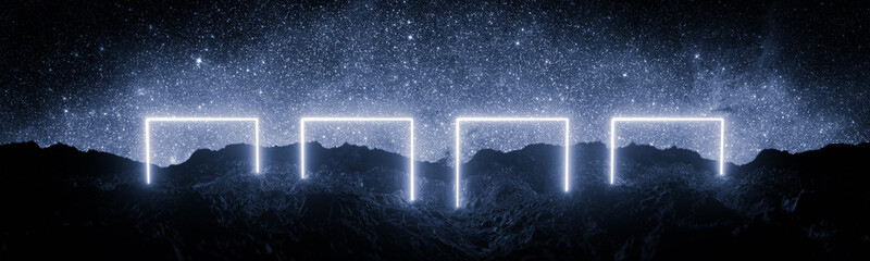 Futuristic retro square neon light glowing on rocky ground, large banner, 3d render, space starfield background, monochrome.