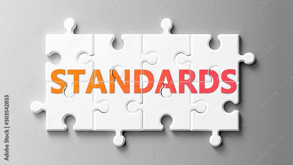 Poster standards complex like a puzzle - pictured as word standards on a puzzle pieces to show that standar