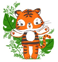 Hand drawn cute tiger and green leaves vector illustration.