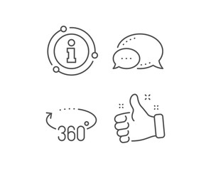 360 degrees line icon. Chat bubble, info sign elements. VR simulation sign. Panoramic view symbol. Linear 360 degrees outline icon. Information bubble. Vector