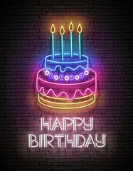 Glow Greeting Card with Cake, Candles and Happy Birthday Inscription