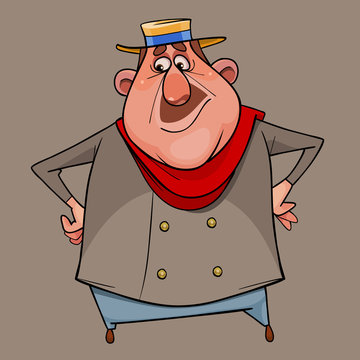 cartoon fat man in hat standing akimbo
