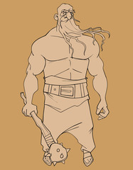 Fototapeta na wymiar sketch of a cartoon muscular man with a long beard and a club in his hand