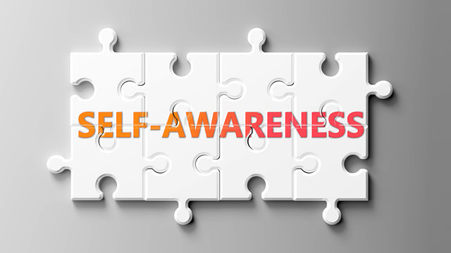 Self awareness complex like a puzzle - pictured as word Self awareness on a puzzle pieces to show that Self awareness can be difficult and needs cooperating pieces that fit together, 3d illustration