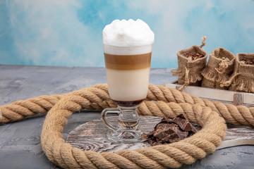 Coffee latte in glass with chocolate. Cup of Coffee Latte
