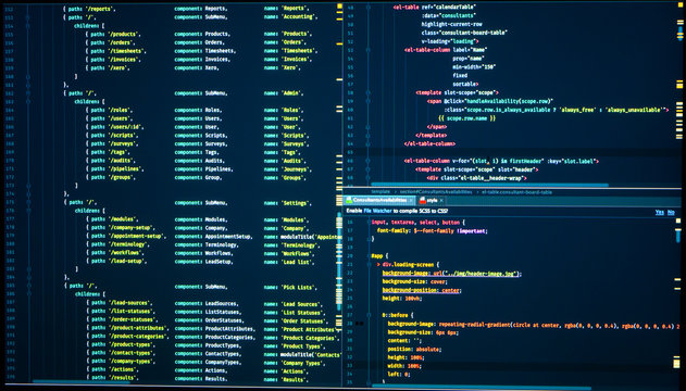 Java code. Software programming code. Abstract computer script code. Programming code on the screen. Vue js, markup