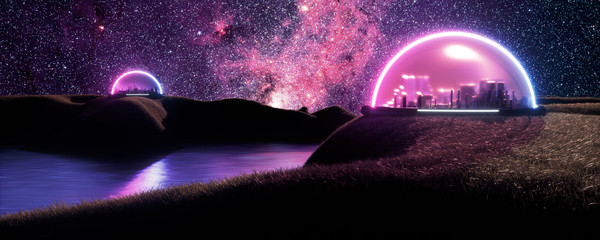 Encapsulated Futuristic Cities On Islands With Vegetation On New