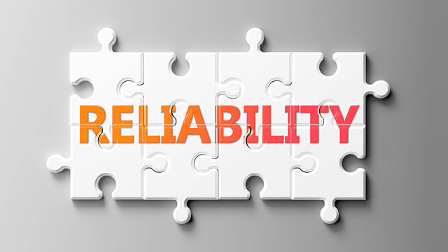 Reliability complex like a puzzle - pictured as word Reliability on a puzzle pieces to show that Reliability can be difficult and needs cooperating pieces that fit together, 3d illustration