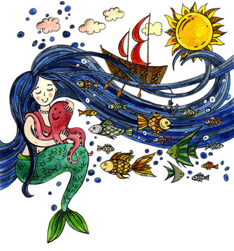 mermaid with long hair and fish, fantastic illustration with watercolor mermaid. Underwater inhabitants of the sea