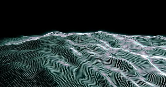 Abstract wireframe blurred and multicolored surface. Lines as low-poly surface with waves and peaks. Retro minimal high tech backdrop in 3d, minimal cyberspace background. Shine and bright colors