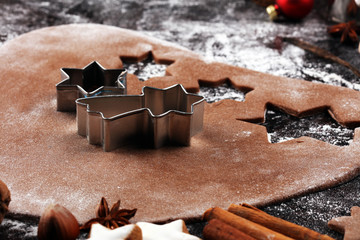 Baking christmas cookies. Typical cinnamon stars bakery with spices. xmas decoration on table