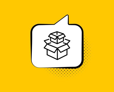 Packing boxes line icon. Comic speech bubble. Delivery parcel sign. Cargo box symbol. Yellow background with chat bubble. Packing boxes icon. Colorful banner. Vector