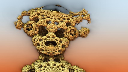 Encounter with brown gland, luminous-headed sandstone fantasy creature, against a gradual background.3d render
