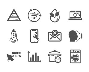 Set of Technology icons, such as Reject mail, Diagram graph, Quick tips, Face id, Organic product, Smartphone repair, Seo laptop, Boiling pan, Pyramid chart, Laundry, Rocket, Wind energy. Vector