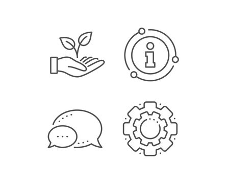 Helping hand line icon. Chat bubble, info sign elements. Charity gesture sign. Startup plant symbol. Linear helping hand outline icon. Information bubble. Vector