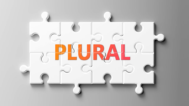 Plural complex like a puzzle - pictured as word Plural on a puzzle pieces to show that Plural can be difficult and needs cooperating pieces that fit together, 3d illustration