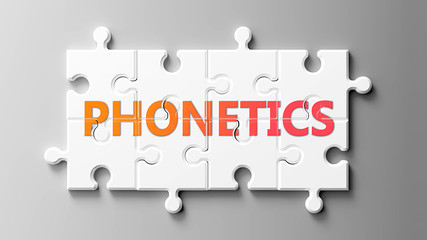 Phonetics complex like a puzzle - pictured as word Phonetics on a puzzle pieces to show that Phonetics can be difficult and needs cooperating pieces that fit together, 3d illustration - obrazy, fototapety, plakaty