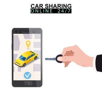 Car sharing isometric. Hand hold key smartphone screen with city map route and points location yellow car
