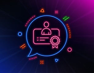 Certificate line icon. Neon laser lights. Business management sign. Best manager symbol. Glow laser speech bubble. Neon lights chat bubble. Banner badge with certificate icon. Vector