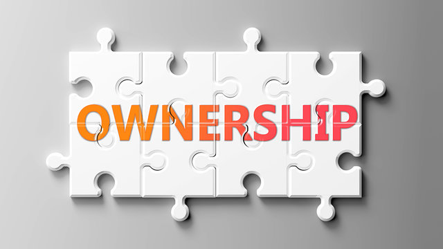 Ownership complex like a puzzle - pictured as word Ownership on a puzzle pieces to show that Ownership can be difficult and needs cooperating pieces that fit together, 3d illustration
