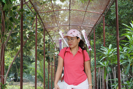 Asain woman carry the bag travel around at Thailand 