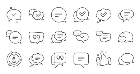 Chat and quote line icons. Approved, Checkmark box and Social media message. Chat speech bubble, Tick or check mark, Comment quote icons. Think speech bubble. Linear set. Quality line set. Vector