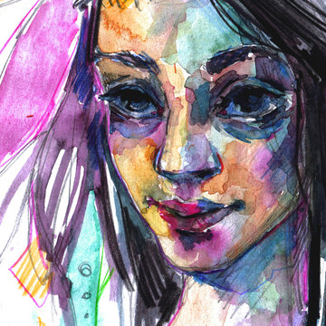 Watercolor painted girl portrait. Bright colorful modern technic. Woman with dark hair. Art style.