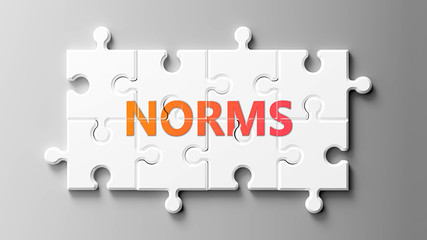 Norms complex like a puzzle - pictured as word Norms on a puzzle pieces to show that Norms can be difficult and needs cooperating pieces that fit together, 3d illustration - obrazy, fototapety, plakaty