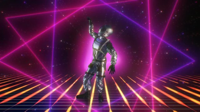 Retro-futuristic 80s CG Astronaut dancing on Disco Neon Lights background Stage. Modern Moves footage for your event, concert, stage design, editors and VJ for led screens and projection mapping show