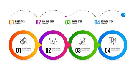 Atm service, Bitcoin and Innovation line icons set. Timeline infographic. Contactless payment sign. Cash investment, Cryptocurrency coin, Crowdfunding. Bank money. Finance set. Vector