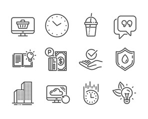 Set of Business icons, such as Web shop, Time, Quote bubble, Parking payment, Product knowledge, Recovery cloud, Fast delivery, Approved, Blood donation, Skyscraper buildings, Eco energy. Vector