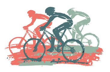  Cycling race, mountain bikers,expressive stylized. Illustration of cyclists in full speed. Imitation of hand drawing. Vector available.