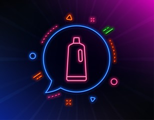 Cleaning shampoo line icon. Neon laser lights. Washing liquid or Cleanser symbol. Housekeeping equipment sign. Glow laser speech bubble. Neon lights chat bubble. Banner badge with shampoo icon. Vector