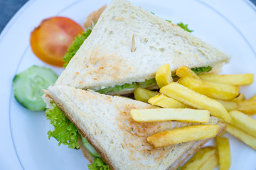 Sandwich toaster with french fries and fresh  tomato on the white ceramic dish