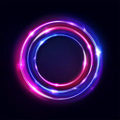 Circle abstract background, glow neon lights, round portal. Vector. Pink blue and purple glowing rings.Circular light frame, ultraviolet.