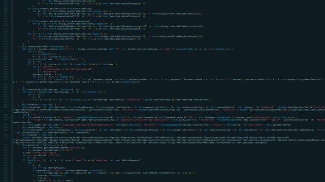 Computer code programming screen. Scrolling through code program. Code on dark background.