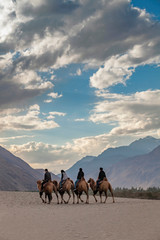 Visitors enjoy camel rides at Nubra Valley Safari sandune in Leh Ladakh, India 
