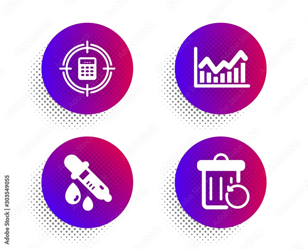 Poster calculator target, chemistry pipette and infochart icons simple set. halftone dots button. recovery 