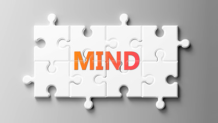 Mind complex like a puzzle - pictured as word Mind on a puzzle pieces to show that Mind can be difficult and needs cooperating pieces that fit together, 3d illustration