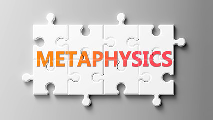 Metaphysics complex like a puzzle - pictured as word Metaphysics on a puzzle pieces to show that Metaphysics can be difficult and needs cooperating pieces that fit together, 3d illustration