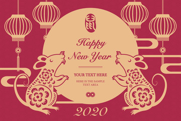 2020 Happy Chinese new year of retro elegant lantern rat and curve cloud wave. Chinese Translation : Rat.