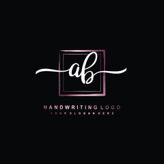 AB Initial handwriting logo design with brush box lines dark pink color gradation. handwritten logo for fashion, team, wedding, luxury logo.