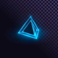 Glowing blue neon pyramid, futuristic prism, laser pyramid on transparent background
