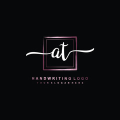 AT Initial handwriting logo design with brush box lines dark pink color gradation. handwritten logo for fashion, team, wedding, luxury logo.