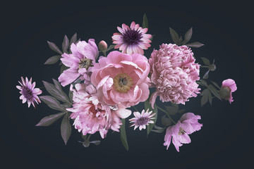 Vintage-Grußkarte mit Blumen Pfingstrosen. © marinavorona