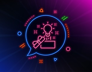 Out of the box line icon. Neon laser lights. Creativity sign. Gift box with idea symbol. Glow laser speech bubble. Neon lights chat bubble. Banner badge with creative idea icon. Vector