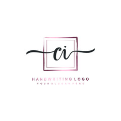 CI Initial handwriting logo design with brush box lines dark pink color gradation. handwritten logo for fashion, team, wedding, luxury logo.