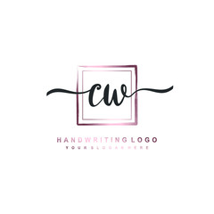 CW Initial handwriting logo design with brush box lines dark pink color gradation. handwritten logo for fashion, team, wedding, luxury logo.