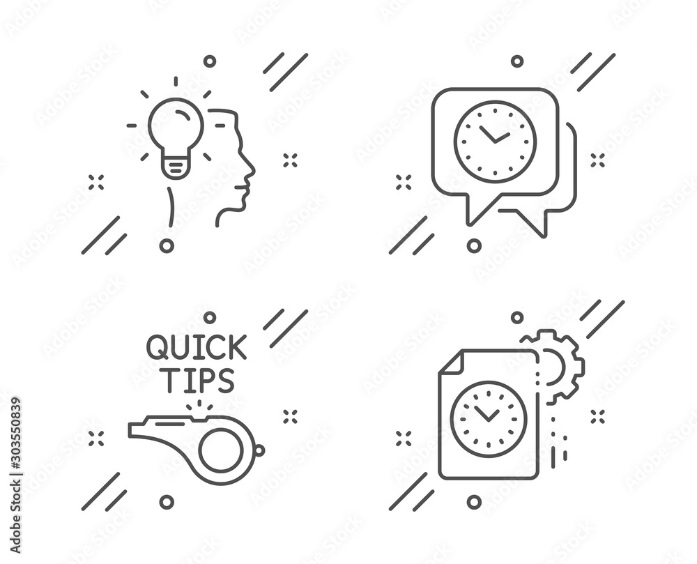 Aufkleber clock, idea and tutorials line icons set. project deadline sign. time, professional job, quick tips.